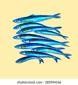Vector card with hand painted watercolor sea fish. Beautiful illustration, perfect for any business related to the food industry.