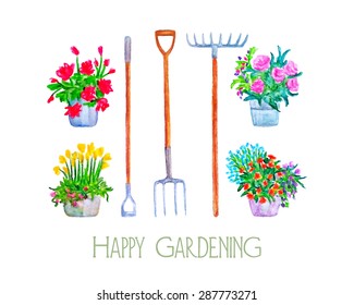 Vector card with hand painted watercolor garden tools - fork, hoe and rake, and flower pots. Beautiful design elements.