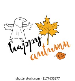 Vector card with hand written lettering "happy autumn" with funny bird and yellow leaf