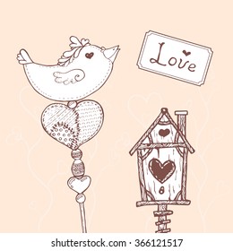 Vector card with handdrawn romantic elements