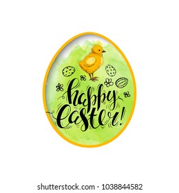 Vector card. Handwritten inscription Happy Easter, hand drawn chicken and eggs. Brush lettering. Modern ink calligraphy. Green watercolor background. Cut paper effect.