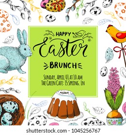 Vector Card With Handwritten Inscription Happy Easter Brunch In Square Frame. Modern Calligraphy. Vintage Floral Background With Engraving Elements: Eggs, Bunny,  Willow, Nest, Eggs, Cake. Sketch.