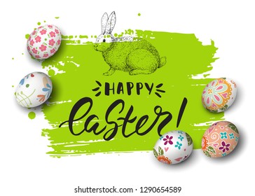 Vector card with handwritten inscription Happy Easter and realistic decorated 3D eggs. Green background. Hand drawn sketch in engraving style. Brush lettering and modern calligraphy. Rabbit on glade.