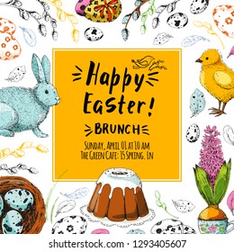 Vector card with handwritten inscription Happy Easter brunch in square frame. Modern calligraphy. Vintage floral background with engraving elements: eggs, bunny,  willow, nest, eggs, cake. Sketch.