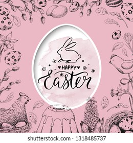 Vector card with handwritten inscription Happy Easter. The paper is cut egg shaped. Brush lettering. Pink watercolor. Vintage sketch engraving elements: egg, willow, nest, bunny, chicken, flower, cake