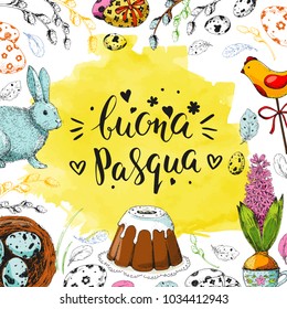 Vector card with handwritten Italian inscription Happy Easter. Modern calligraphy. Vintage floral background with engraving elements: eggs, bunny,  willow, nest, eggs and cake. Sketch. Watercolor.