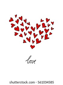 Vector card with handwritten Love word and hand drawn red hearts arranged in a heart shape. Romantic design, perfect for Valentine's day celebration.