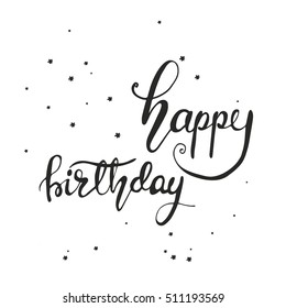 Vector card with handwritten typography "Happy Birthday" and confetti.