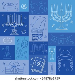 A vector card for the Hanukkah holiday featuring traditional Jewish symbols.