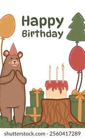 Vector card with a happy bear in a party hat holding gifts and balloons. Birthday design features a forest setting with cake and candles. Perfect for a surprise celebration illustration