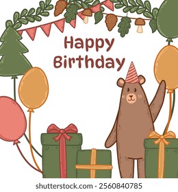 Vector card with a happy bear in a party hat holding gifts and a balloon. Forest setting features vibrant red, orange, and green colors. Perfect design for a birthday celebration in nature