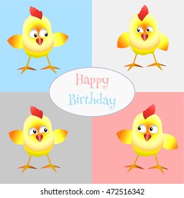 Vector Card Happy birthday with four Chicks on colorful background
