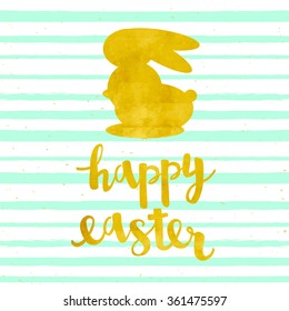 Vector card with a happy easter 2016  lettering with gold foil silhouette of the rabbit. Background with mnt brush strokes of paint