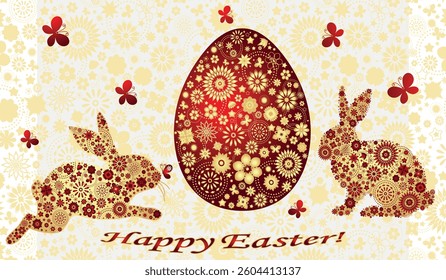 Vector card Happy Easter with a big egg and rabbits with floral pattern. For the design of posters, banners, sales, cards, invitations, parties. 