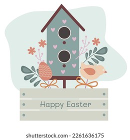 Vektorkarte Frohe Ostern mit Vogelhaus und Blumen, Ei und Vogel