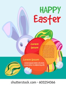 Vector card happy Easter. Easter bunny holding eggs.