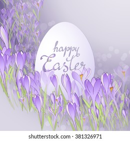 Vector card Happy Easter. Floral frame with crocuses and  snowdrops. Purple background