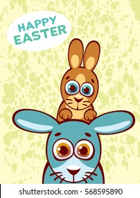 Vector card of happy easter with funny rabbit family. Two cartoon rabbits with big eyes.
