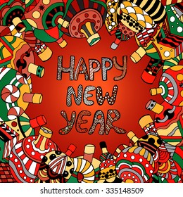Vector card - Happy New Year! Hand drawn background with Christmas balls, frame of toys doodles.