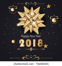 Vector card Happy New Year 2018 background with golden gift bow, vintage style.