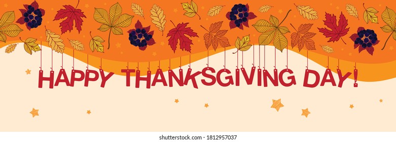 Vector card Happy Thanksgiving for design or greetings to friends and family. Vector drawing with autumn leaves