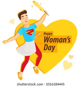 Vector card "Happy Women's Day." Man with a brush for dust.