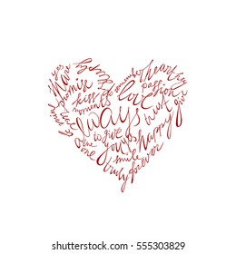 Vector card with a heart filled with handwritten words of love and affection. Romantic illustration, perfect for Valentine's day celebration