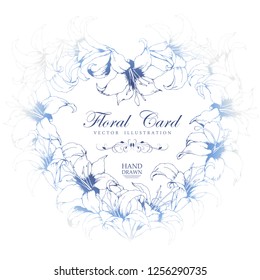 Vector card with heart floral frame made from hand drawn lilies