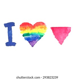 Vector card Heart label with lgbt symbols and pink Triangle . White background, grunge watercolour style.