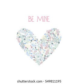 Vector card with a heart patterned with hand drawn floral elements. Romantic illustration, perfect for Valentine's day