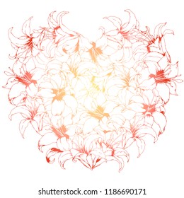 Vector card with heart shape made from hand drawn lilies