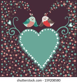 Vector card with heart and two cute smiling bids on the dark dotted background