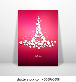 Vector card. Hearts in the form of the Eiffel Tower on red background. Valentine's Day or wedding. Inscription Just love. Place for your text.