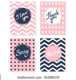 Vector card with hello, thank you, i love you, sorry. lettering and pattern of circles and stripes