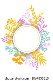 Vector card with herbal twigs and branches wreath ring border, circle frame.  Rustic vintage bouquets with fern fronds, thyme, mistletoe twigs, willow, palm branches in orange pink blue yellow.