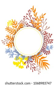 Vector card with herbal twigs and branches wreath border, circle frame.  Rustic vintage bouquets with fern fronds, savory, mistletoe twigs, willow, palm branches in orange blue yellow.