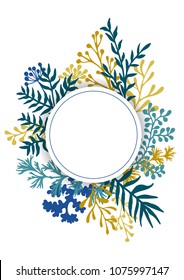 Vector card with herbal twigs and branches wreath border, circle frame.  Rustic vintage bouquets with fern fronds, parsley, mistletoe twigs, willow, palm branches in gold blue.