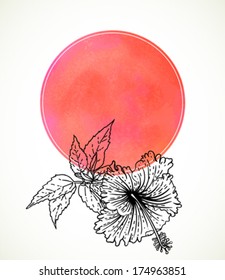 Vector card with hibiscus on pink watercolor round stain. Template for spa promotion, flower shop gift card, spring sale coupon, perfume box design, herbal tea package, wedding invitation background