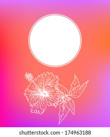 Vector card with hibiscus on soft blurry background. Template for spa promotion, flower shop gift card, herbal tea package, spring sale coupon, perfume box design, business card, wedding invitation