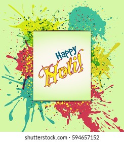 Vector card for the holiday Holi colors. The rectangylar die with a colorful sign on a light green background with color blots