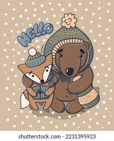 Vektorkarte für Feiertage mit zwei süßen Zeichen, Bär und Fuchs. Handgezeichnete Illustration im Cartoon-Stil. Kreatives Design für Postkarten und Poster.