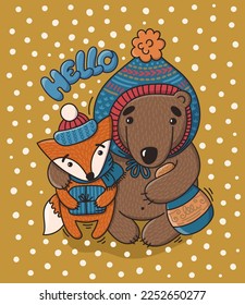 Vector card for holidays with two cute characters, bear and fox. Hand-drawn illustration in cartoon style. Creative doodle design for postcards and posters.