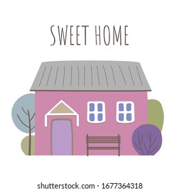 Vektorillustration mit Haus und Bäumen auf weißem Hintergrund. Schönes Zuhause.