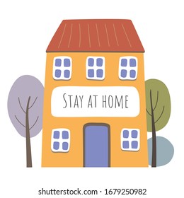 Vektorillustration mit Haus und Bäumen auf weißem Hintergrund. Bleib zu Hause!