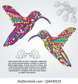 Vector Card With Hummingbird - Doodle Pattern Style