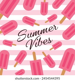 Tarjeta de Vector con helado y letras. Hola verano. Anuncio tipográfico imprimible para diseño de verano. Fondo abstracto de la fruta del dibujo a mano.