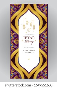 Vector card Iftar Party celebration, Iftar invitation. Lanterns, ornament for Ramadan wishing. Arabic shining lamps. Card for Muslim feast of the holy of Ramadan month. Ramadan Kareem. Eastern style.
