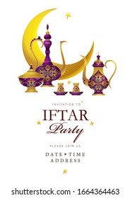 Vektorillustration-Karte Iftar Party Feier, Einladung. Arabische Dekoration, Kaffeebeutel, Sterne, Crescent für Iftar Einladung. Karten für das muslimische Fest des heiligen Ramadan-Monats. Ramadan Kareem. Oststil