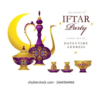 Vector card Iftar Party celebration, invitation. Arabic decoration, coffee mug, stars, crescent for Iftar invitation. Cards for Muslim feast of the holy of Ramadan month. Ramadan Kareem. Eastern style