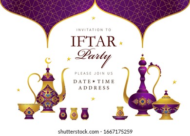 Vektorillustration-Karte Iftar Party Feier, Einladung. Arabische Dekoration, Kaffeebeutel, Bogen, Crescent für Iftar Einladung. Karten für das muslimische Fest des heiligen Ramadan-Monats. Ramadan Kareem. Oststil